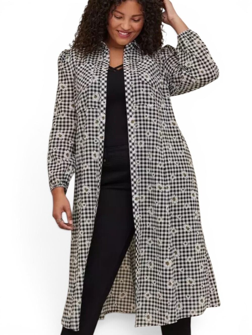 Torrid Cotton Daisies Kimono Duster In Black And White Checkered Gingham Size 2X